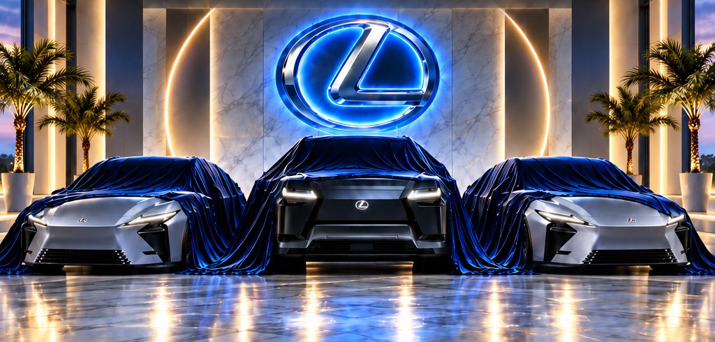 Three new Lexus electrified vehicles under blue reveal covers in the showroom